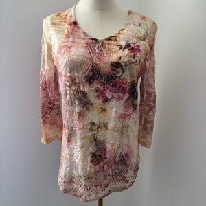 Vintage Christopher & Banks Floral Rhinestone Lace 3/4 Sheer Sleeves Blouse